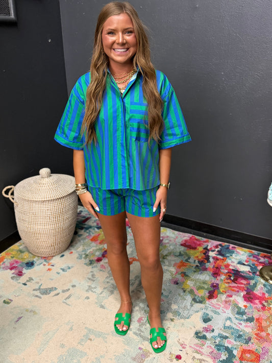 Blue & Green Stripe Collared Neck Short Set