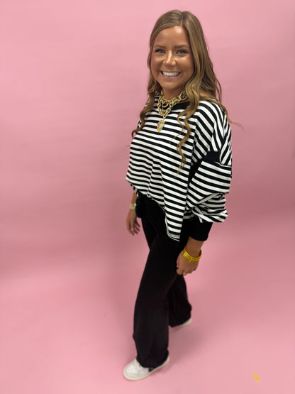 Black & White Striped Terry Open Back Long Sleeve Top