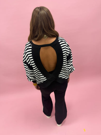 Black & White Striped Terry Open Back Long Sleeve Top