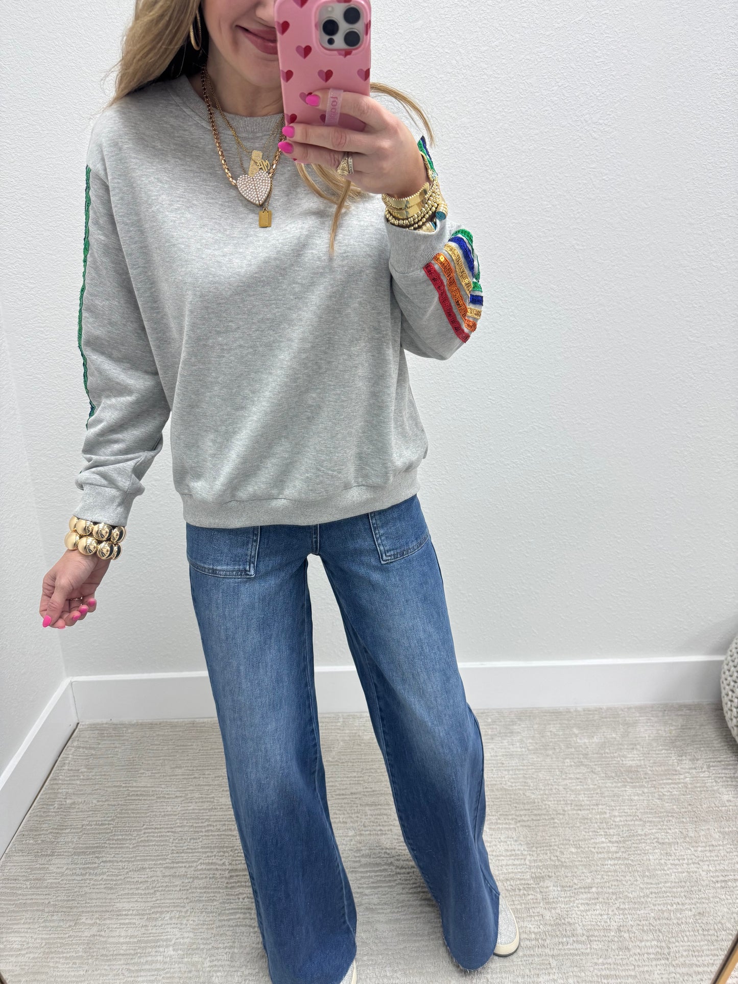 Grey Colored Sequin Sleeve Top
