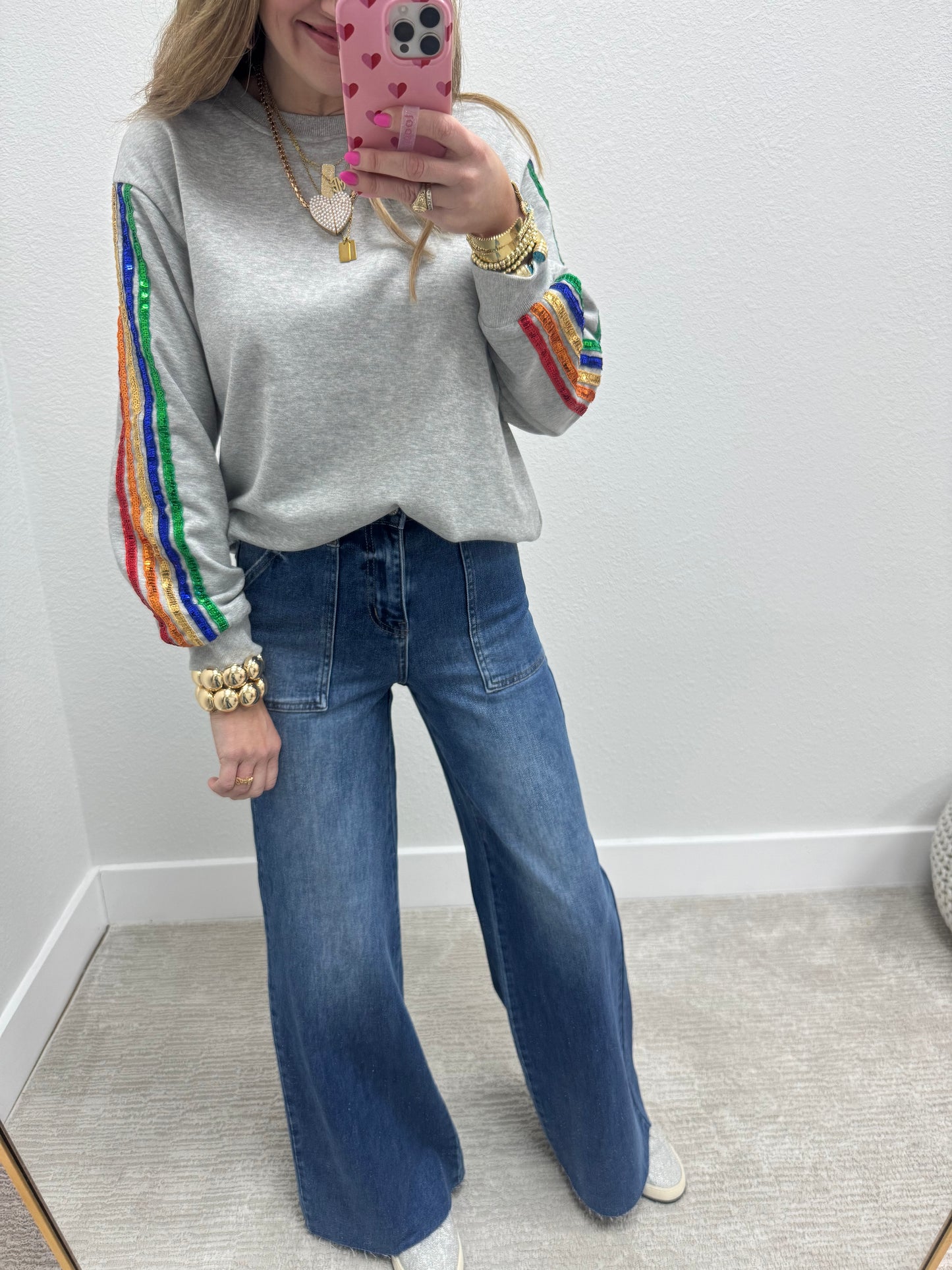 Grey Colored Sequin Sleeve Top