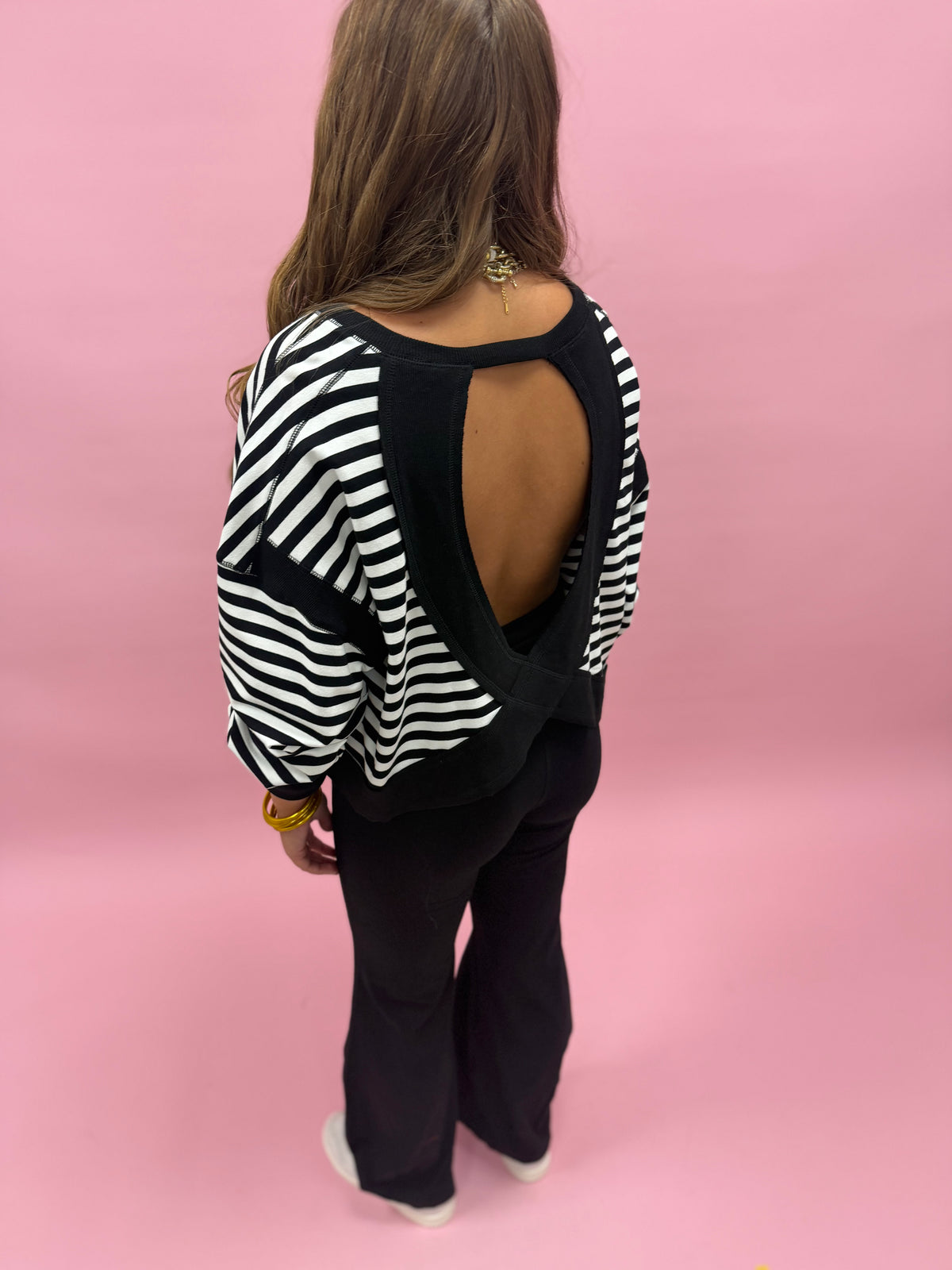 Black & White Striped Terry Open Back Long Sleeve Top