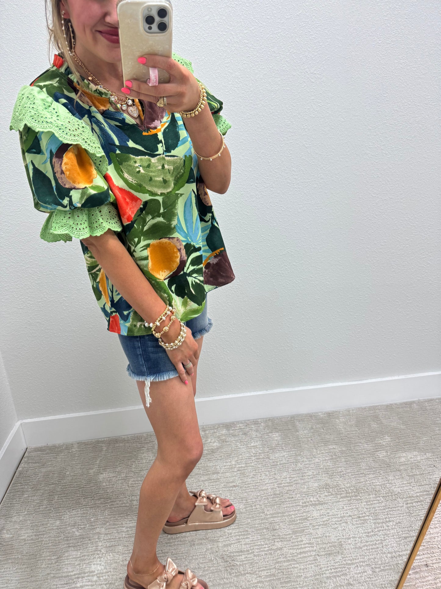 Green Tropical Print Ruffle Sleeve Top