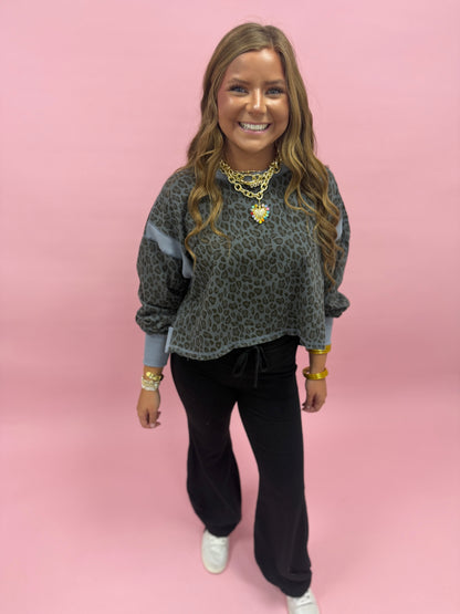 Iron Blue Animal Print Terry Open Back Long Sleeve Top