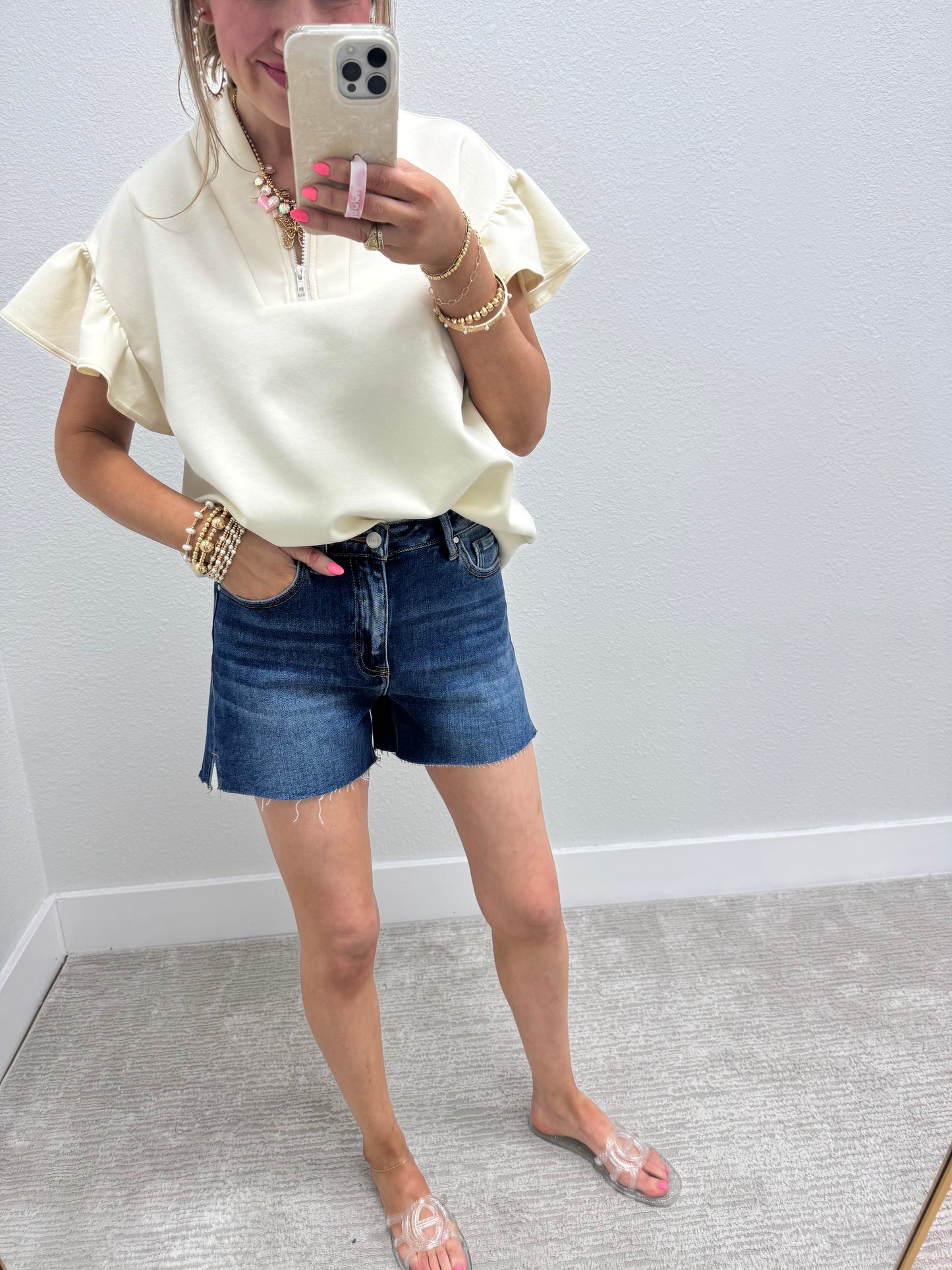 Cream Scuba 1/4 Zip Ruffle Sleeve Top