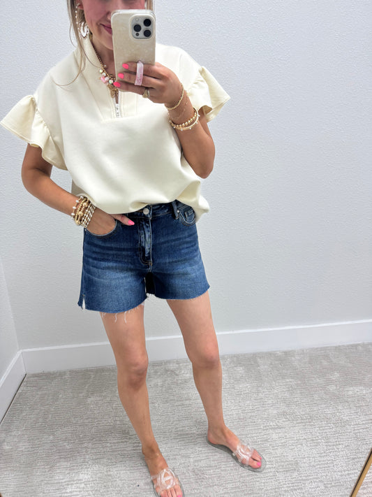 Cream Scuba 1/4 Zip Ruffle Sleeve Top