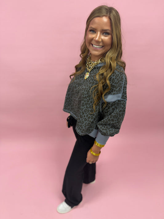 Iron Blue Animal Print Terry Open Back Long Sleeve Top