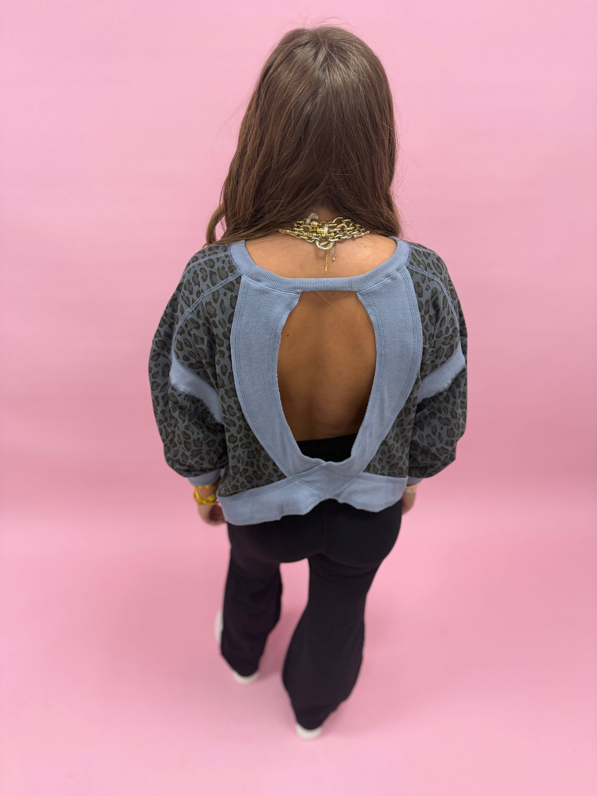 Iron Blue Animal Print Terry Open Back Long Sleeve Top