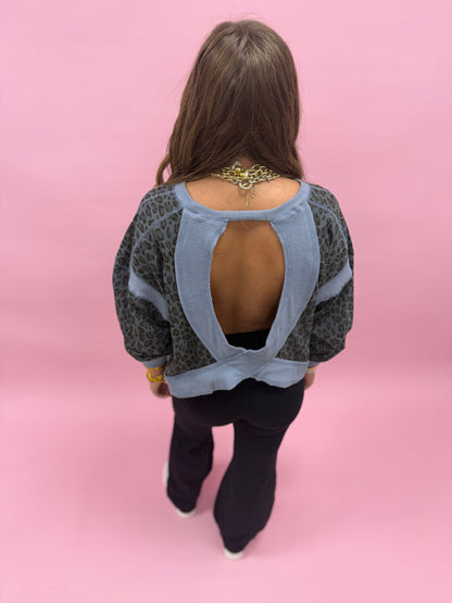 Iron Blue Animal Print Terry Open Back Long Sleeve Top
