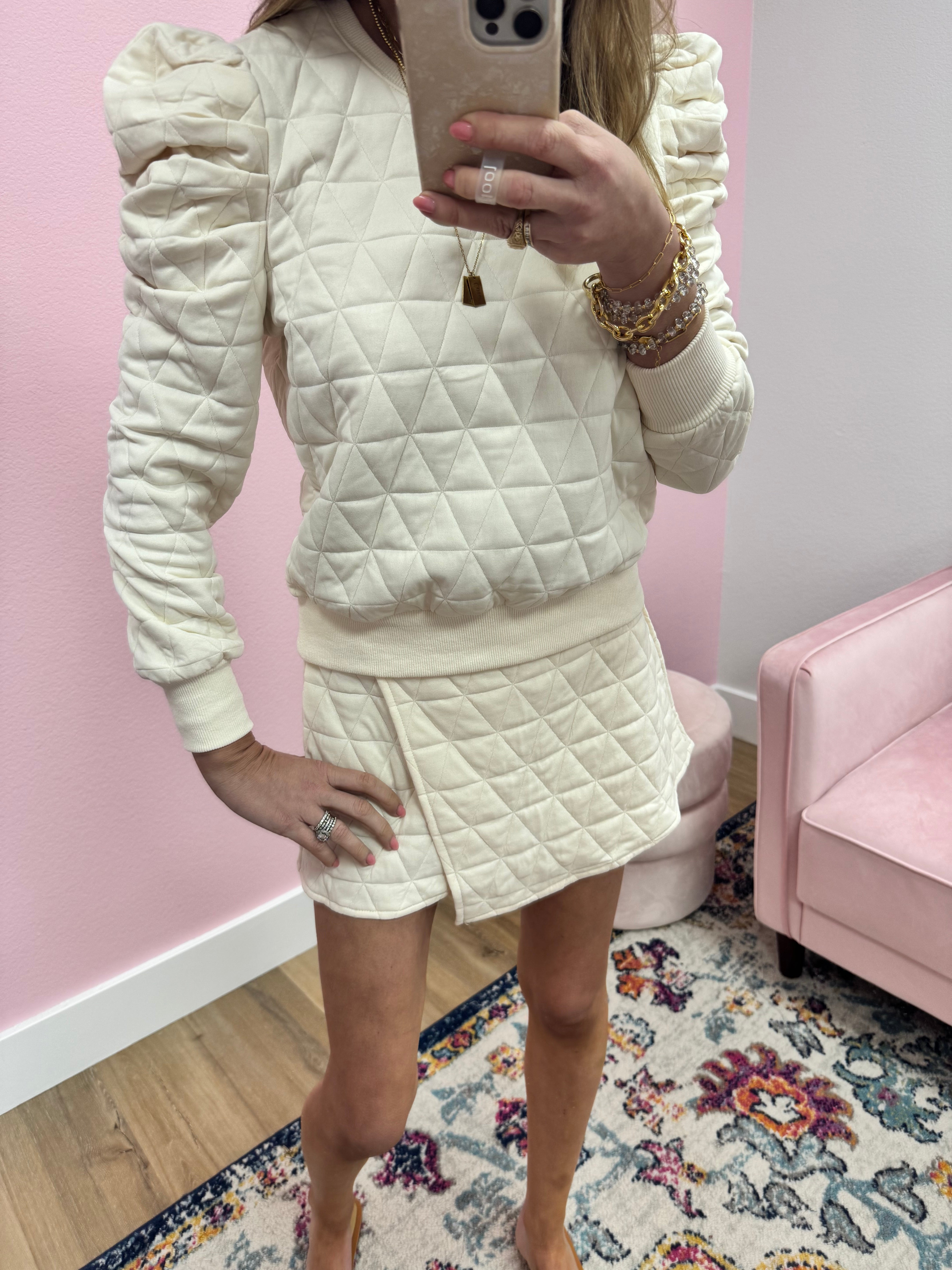 Cream Quilted Two Piece Skirt Set