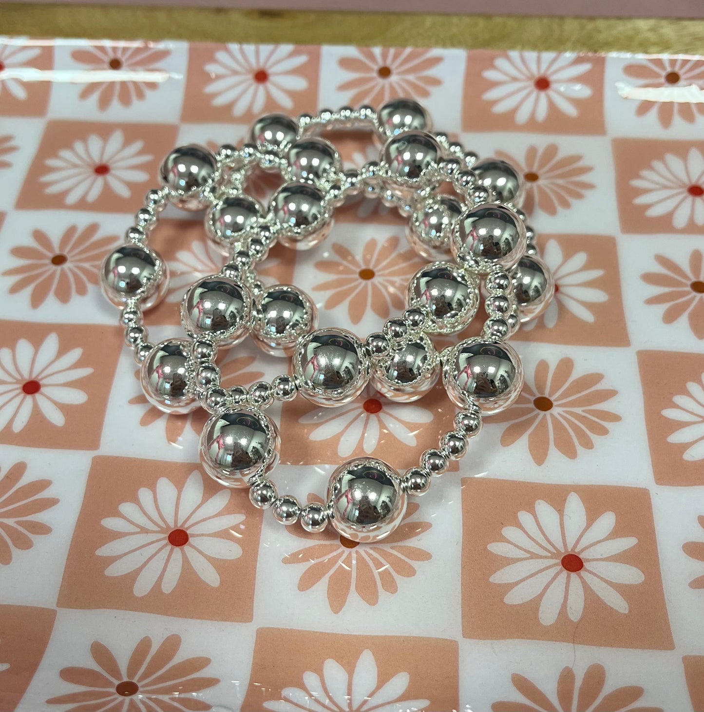 Silver- Set of 3 Large & Small Bead Bracelets