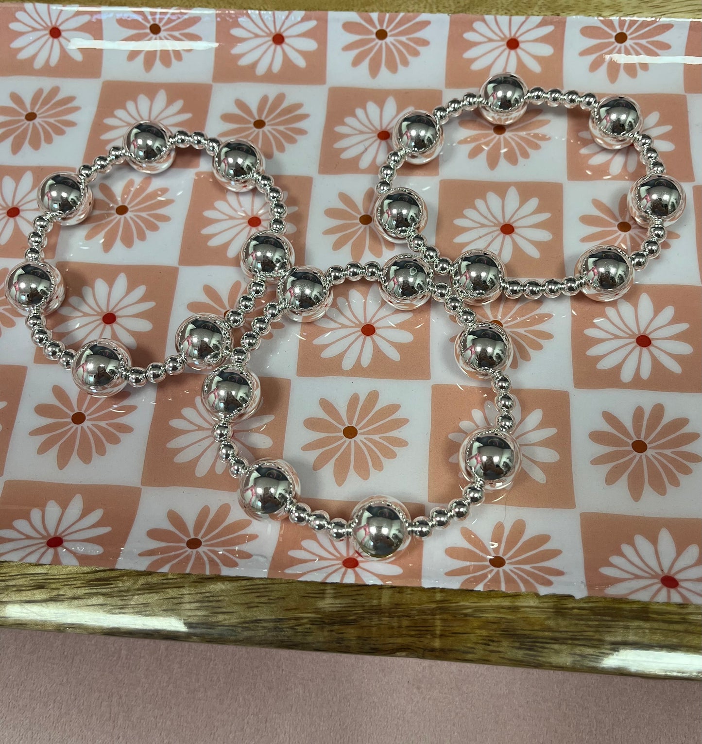 Silver- Set of 3 Large & Small Bead Bracelets