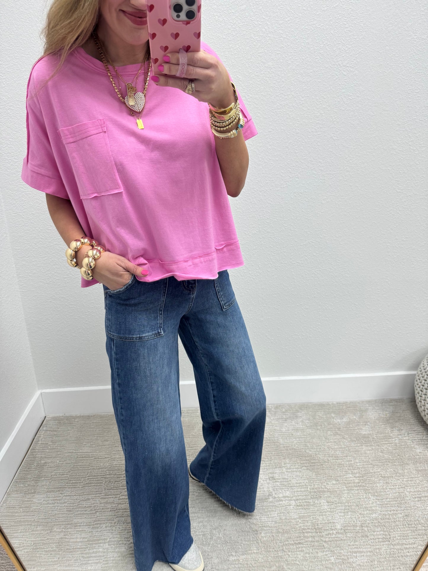 Pink Exposed Hem Boxy Crop Short Sleeve