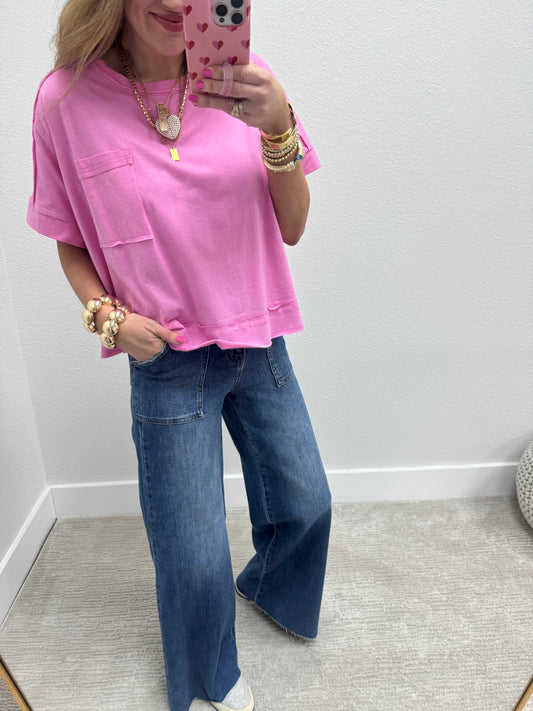 Pink Exposed Hem Boxy Crop Short Sleeve