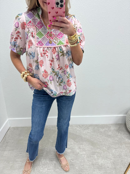 Pink Floral Shirt With Wooden Button Detail
