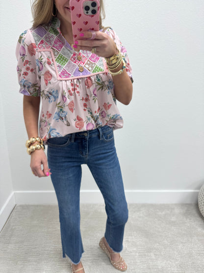 Pink Floral Shirt With Wooden Button Detail