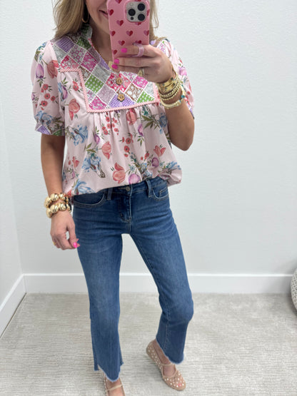 Pink Floral Shirt With Wooden Button Detail
