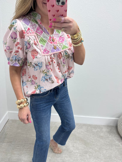 Pink Floral Shirt With Wooden Button Detail