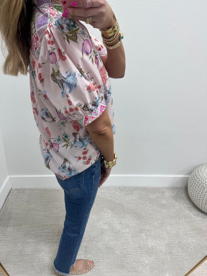 Pink Floral Shirt With Wooden Button Detail