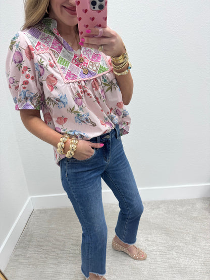 Pink Floral Shirt With Wooden Button Detail