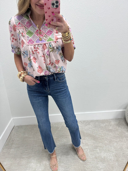 Mid Rise Crop Straight Leg Angled Hem