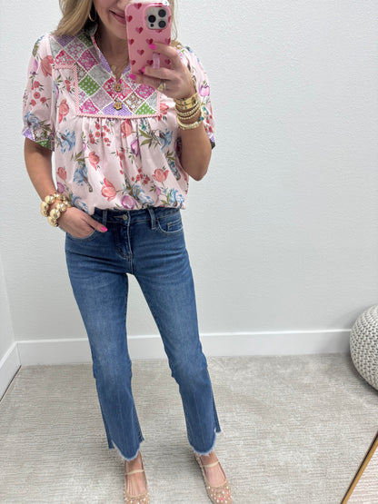 Pink Floral Shirt With Wooden Button Detail