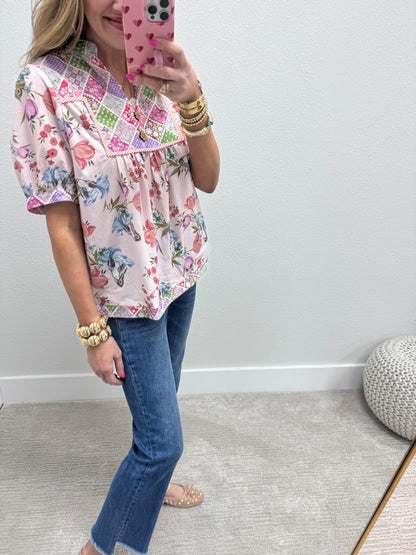 Pink Floral Shirt With Wooden Button Detail