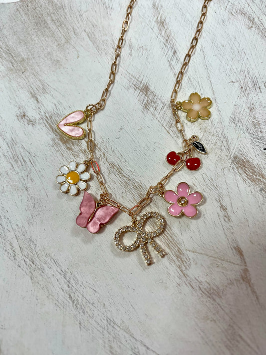 Crystal Bow & Pink Flower Paper Clip Charm Necklace