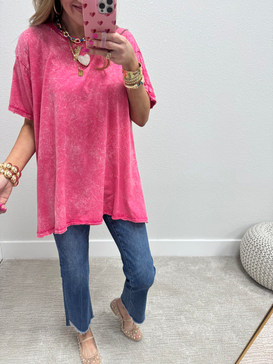 Pink Oversized Mineral Washed High Low Short Sleeve