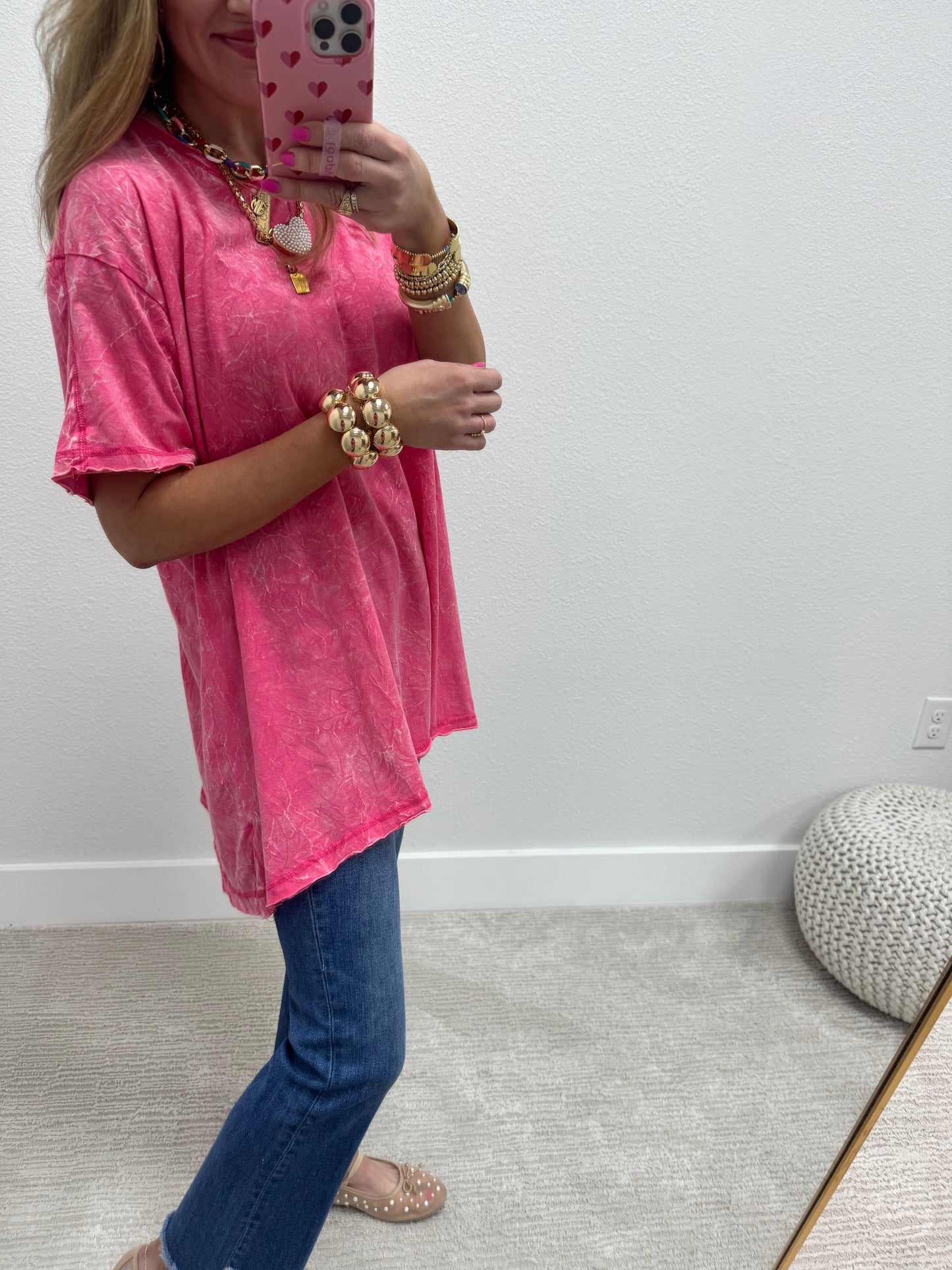 Pink Oversized Mineral Washed High Low Short Sleeve