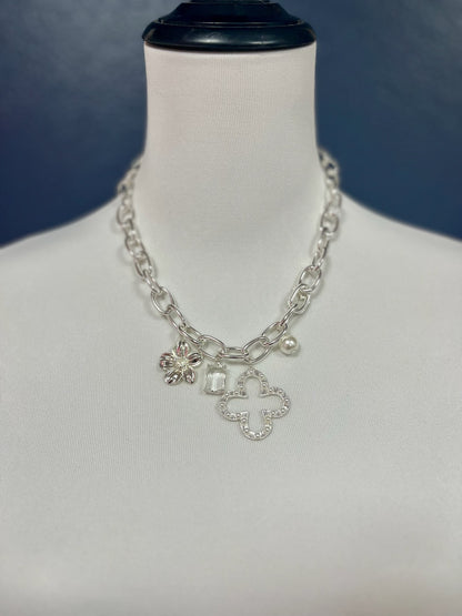 Cross & Pearl Paper Clip Charm Necklace (Silver & Gold)