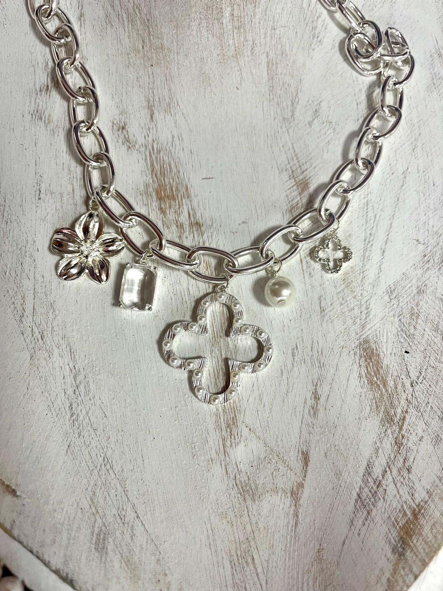 IP6 Cross & Pearl Paper Clip Charm Necklace (Silver & Gold)