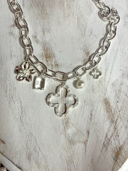 Cross & Pearl Paper Clip Charm Necklace (Silver & Gold)
