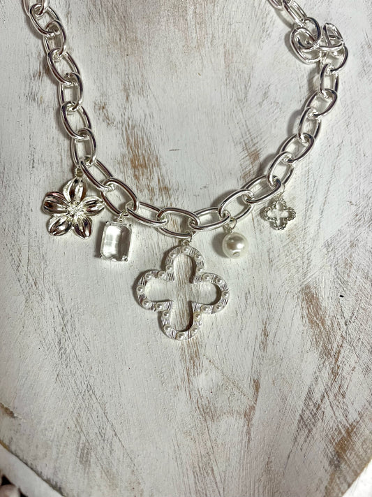 Cross & Pearl Paper Clip Charm Necklace (Silver & Gold)