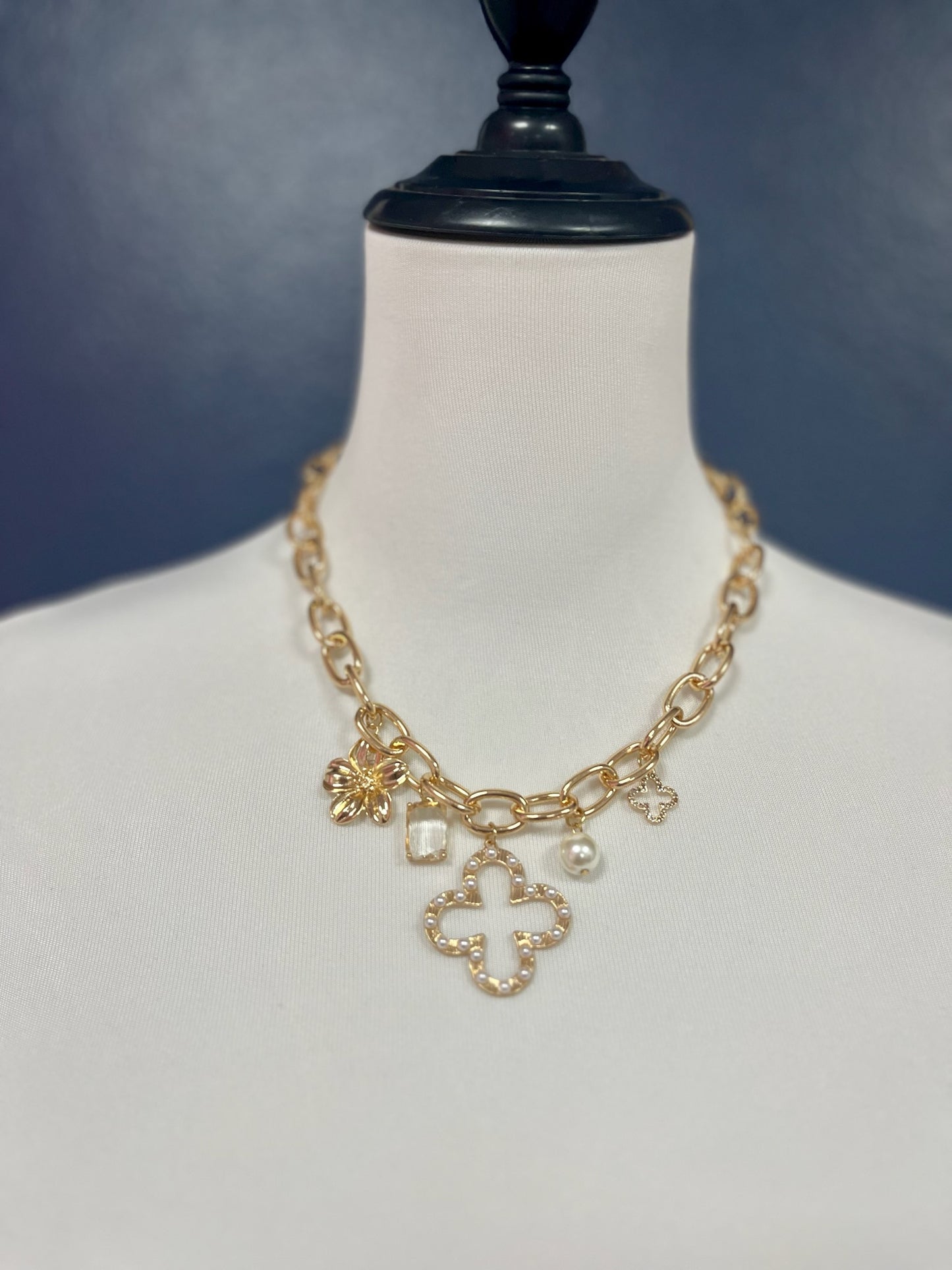 IP6 Cross & Pearl Paper Clip Charm Necklace (Silver & Gold)