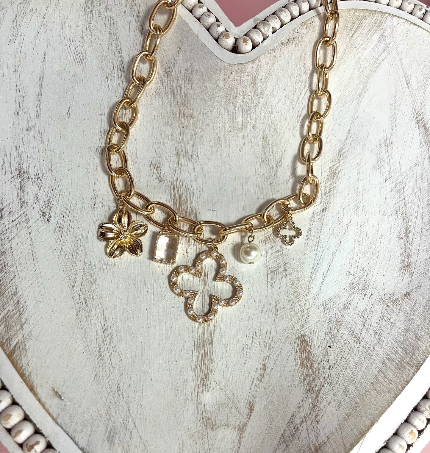 IP6 Cross & Pearl Paper Clip Charm Necklace (Silver & Gold)