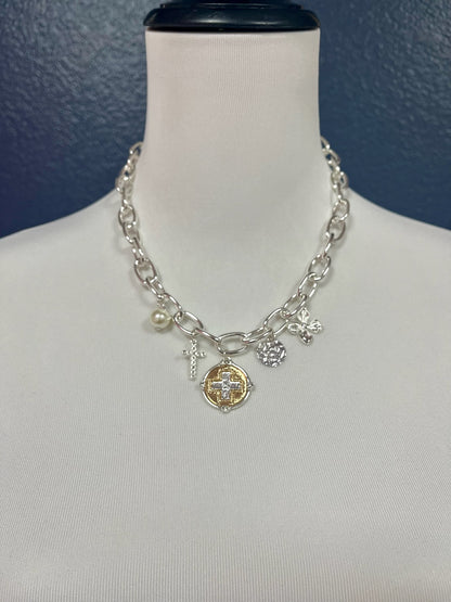 Cross Coin Pendant Rollo Chain Necklace ( SIlver & Gold)