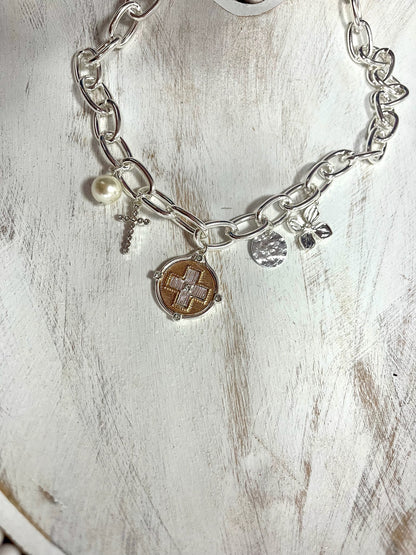Cross Coin Pendant Rollo Chain Necklace ( SIlver & Gold)