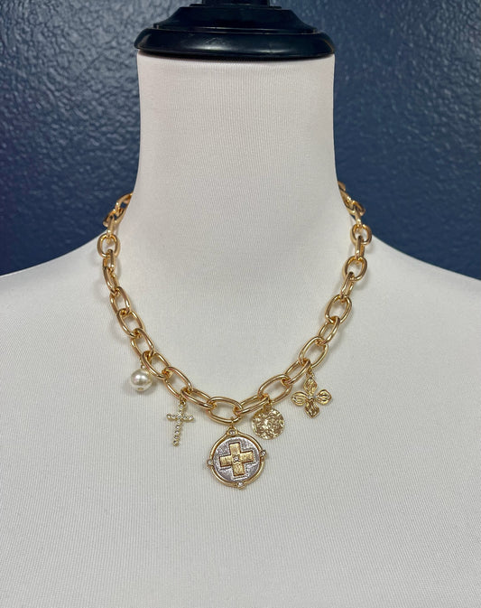 Cross Coin Pendant Rollo Chain Necklace ( SIlver & Gold)