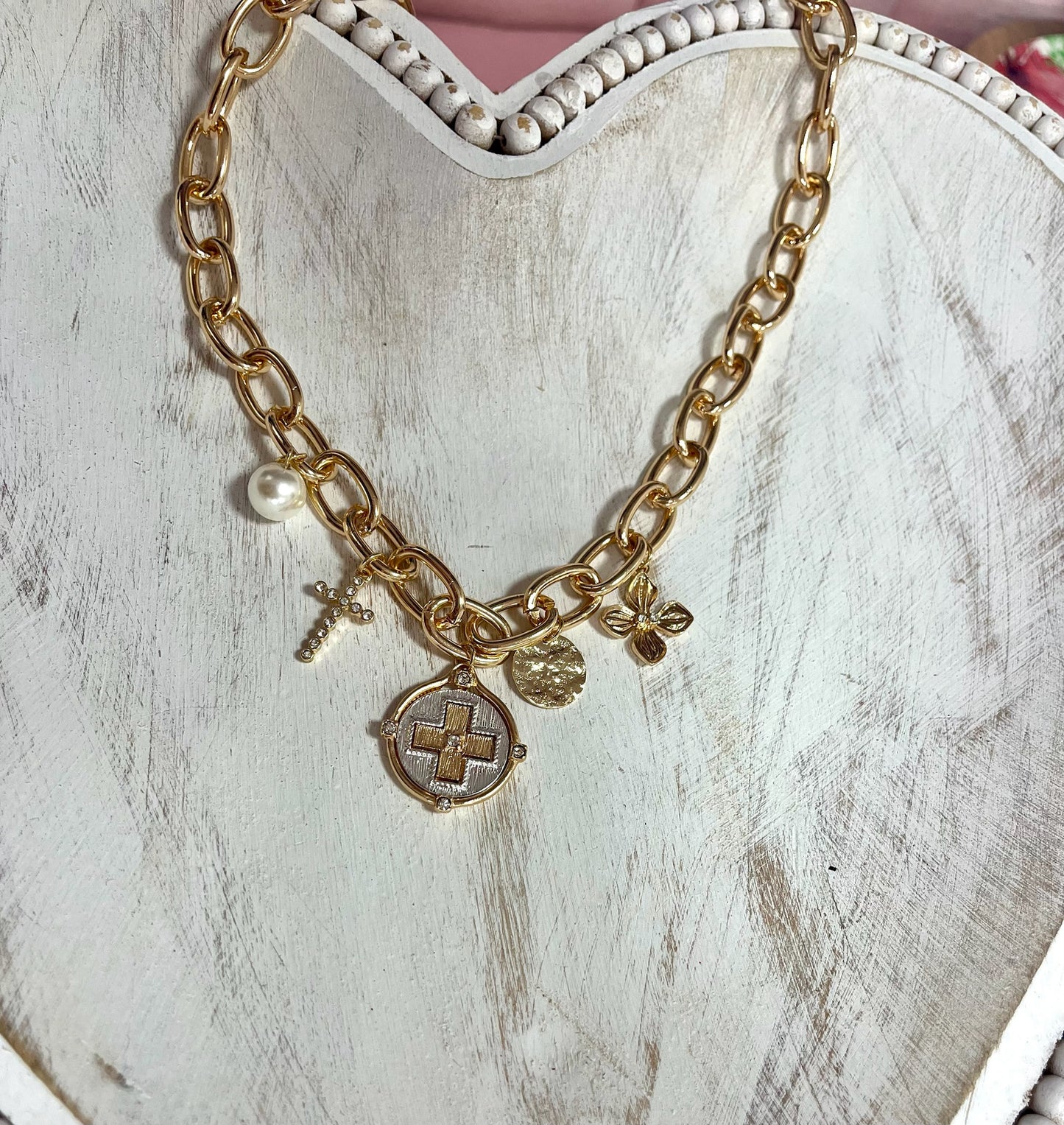 Cross Coin Pendant Rollo Chain Necklace ( SIlver & Gold)