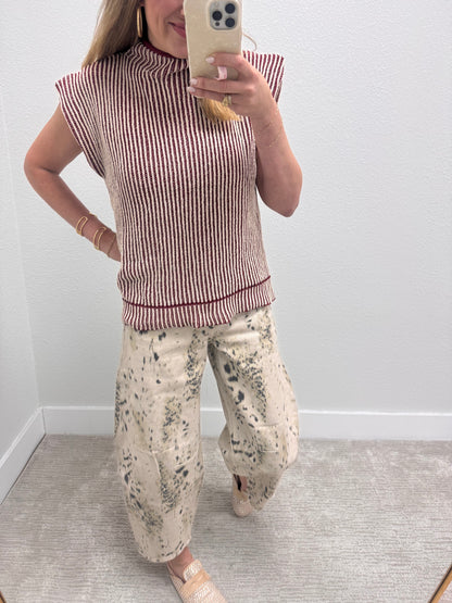 Burgundy Two Tone Ribbed Knit Sweater Vest