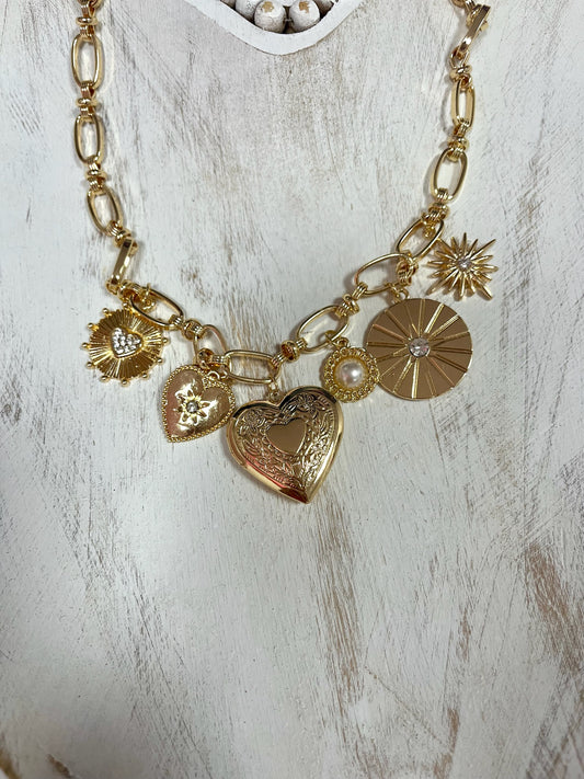 Gold Heart Locket Charm Necklace