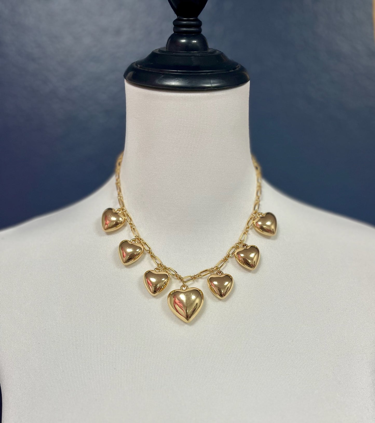 Gold Multi Heart Dangle Charm Necklace