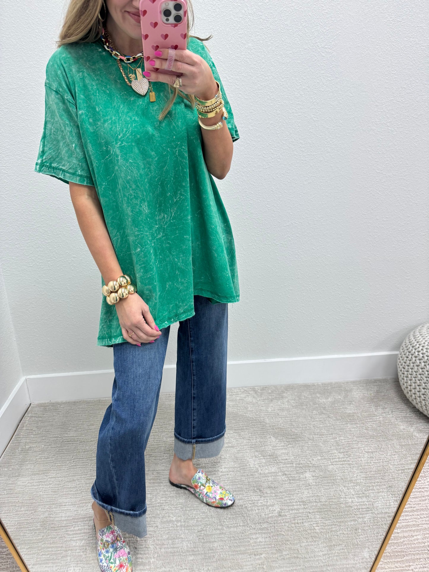 Kelly Green Oversized Mineral Washed High Low Short Sleeve