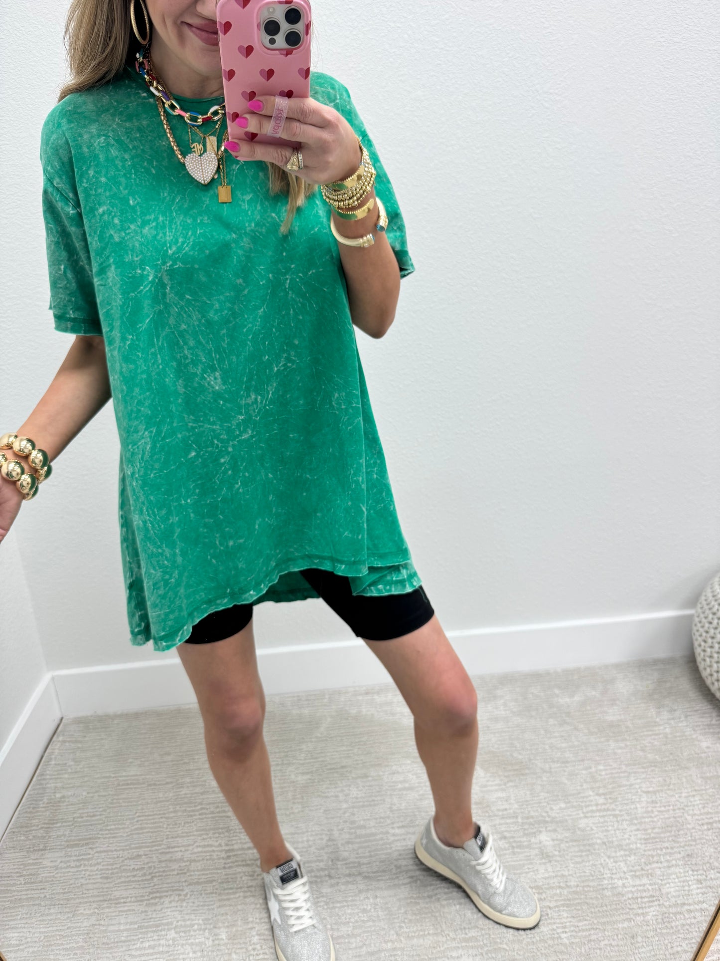 Kelly Green Oversized Mineral Washed High Low Short Sleeve