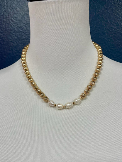 Gold Ball Necklace With Fresh Water Pearls