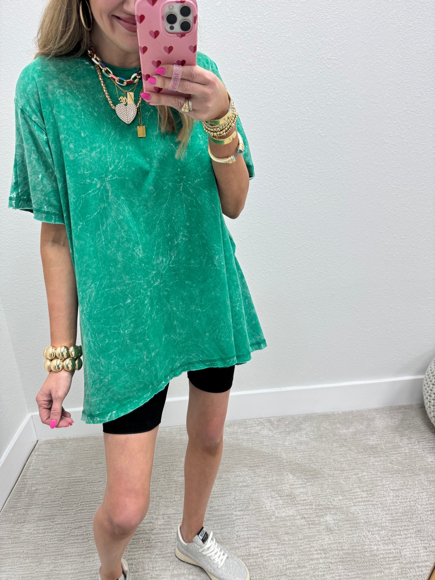 Kelly Green Oversized Mineral Washed High Low Short Sleeve