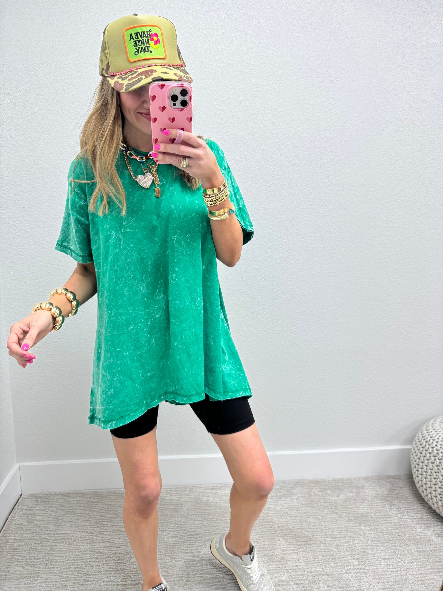 Kelly Green Oversized Mineral Washed High Low Short Sleeve