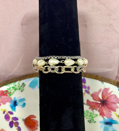 Three Strand Mixed Metal Pearl Magnetic Bracelet