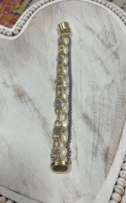 Three Strand Mixed Metal Pearl Magnetic Bracelet
